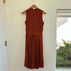 Nanette Lepore rustic orange, pleated midi dress size 8